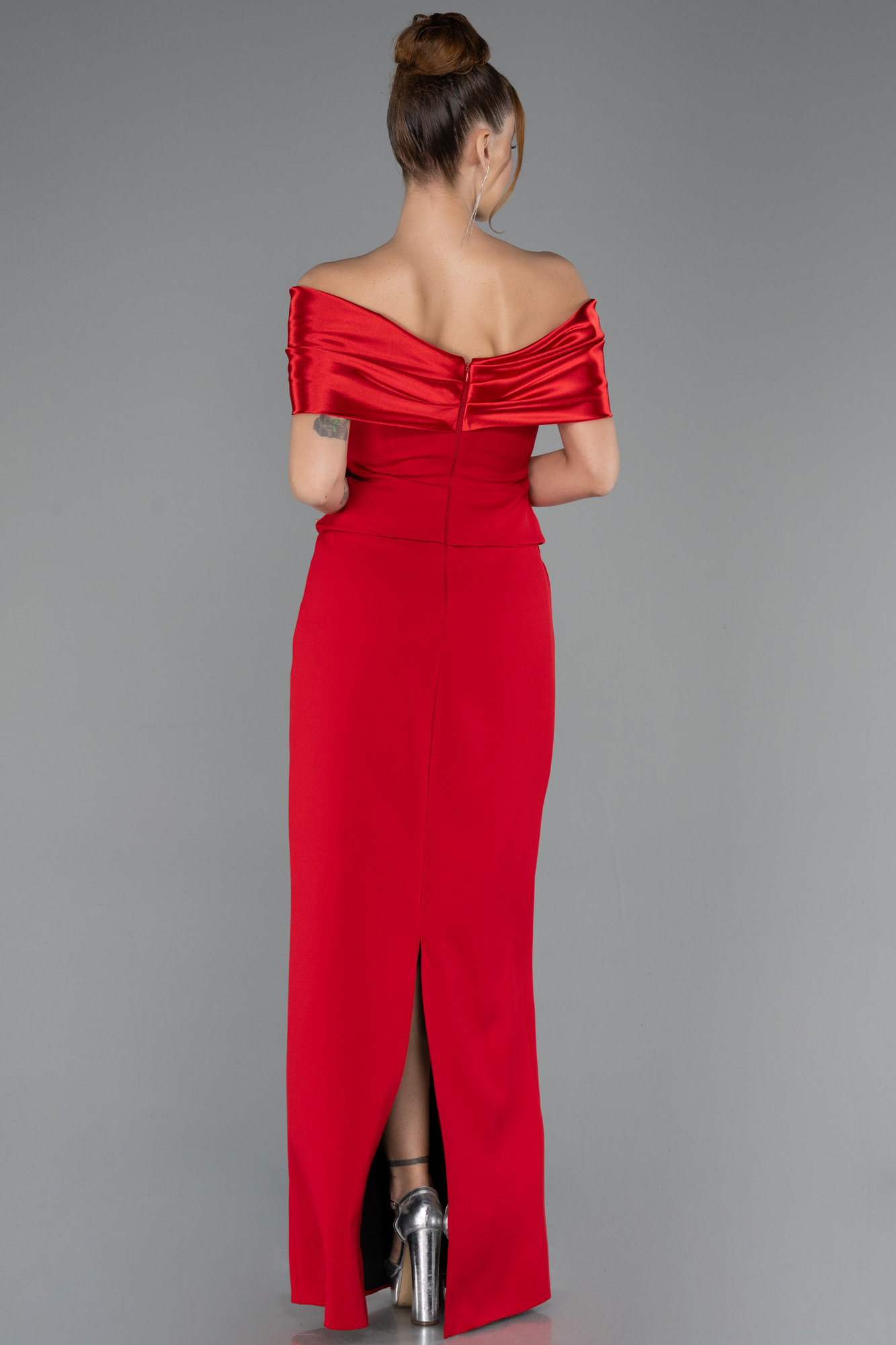 Saten Kayık Yaka Taşlı Peplum Kesim Uzun Abiye ABU5440 3