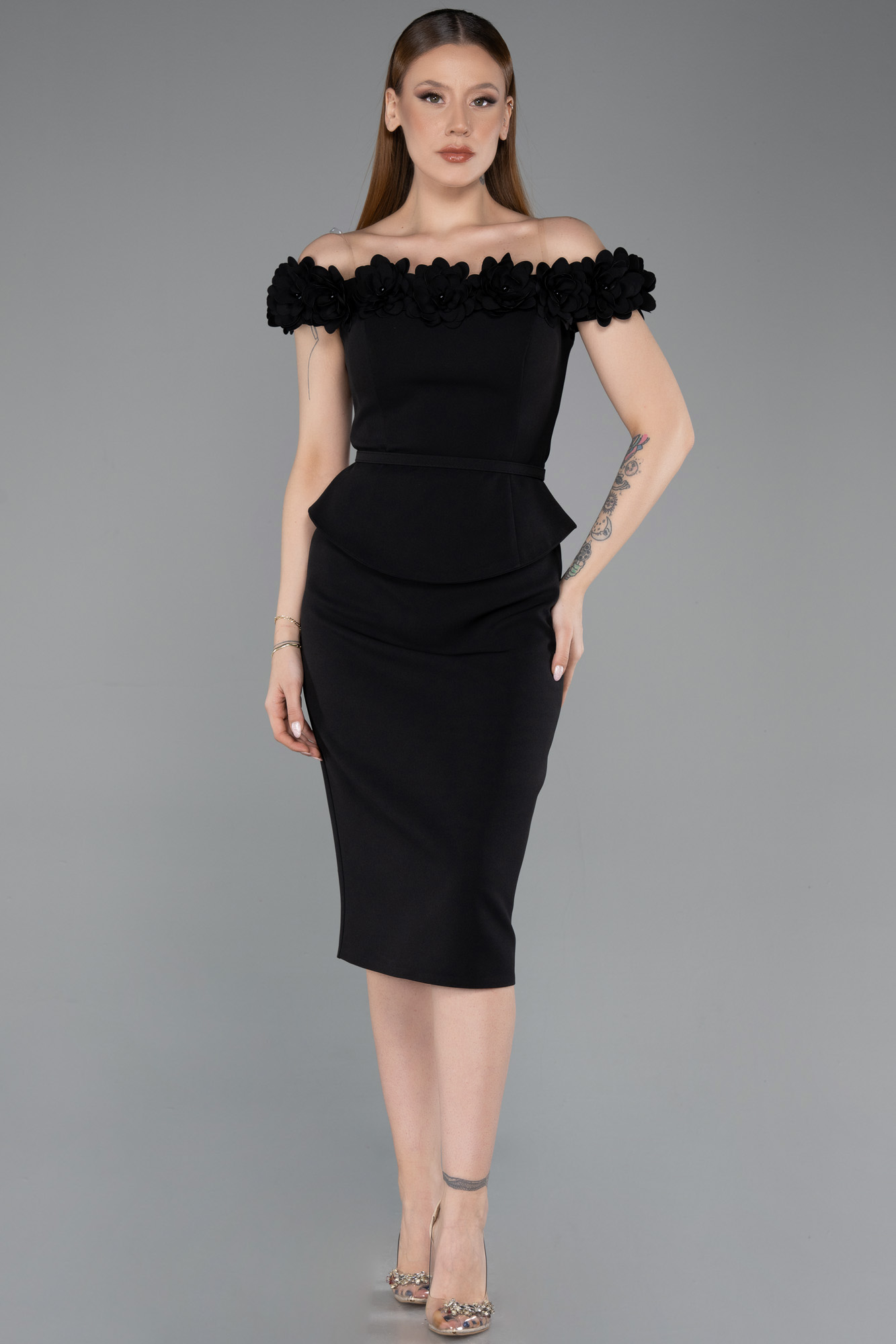 Çiçekli Kayık Yaka Peplum Midi Kalem Abiye Elbise ABK2583