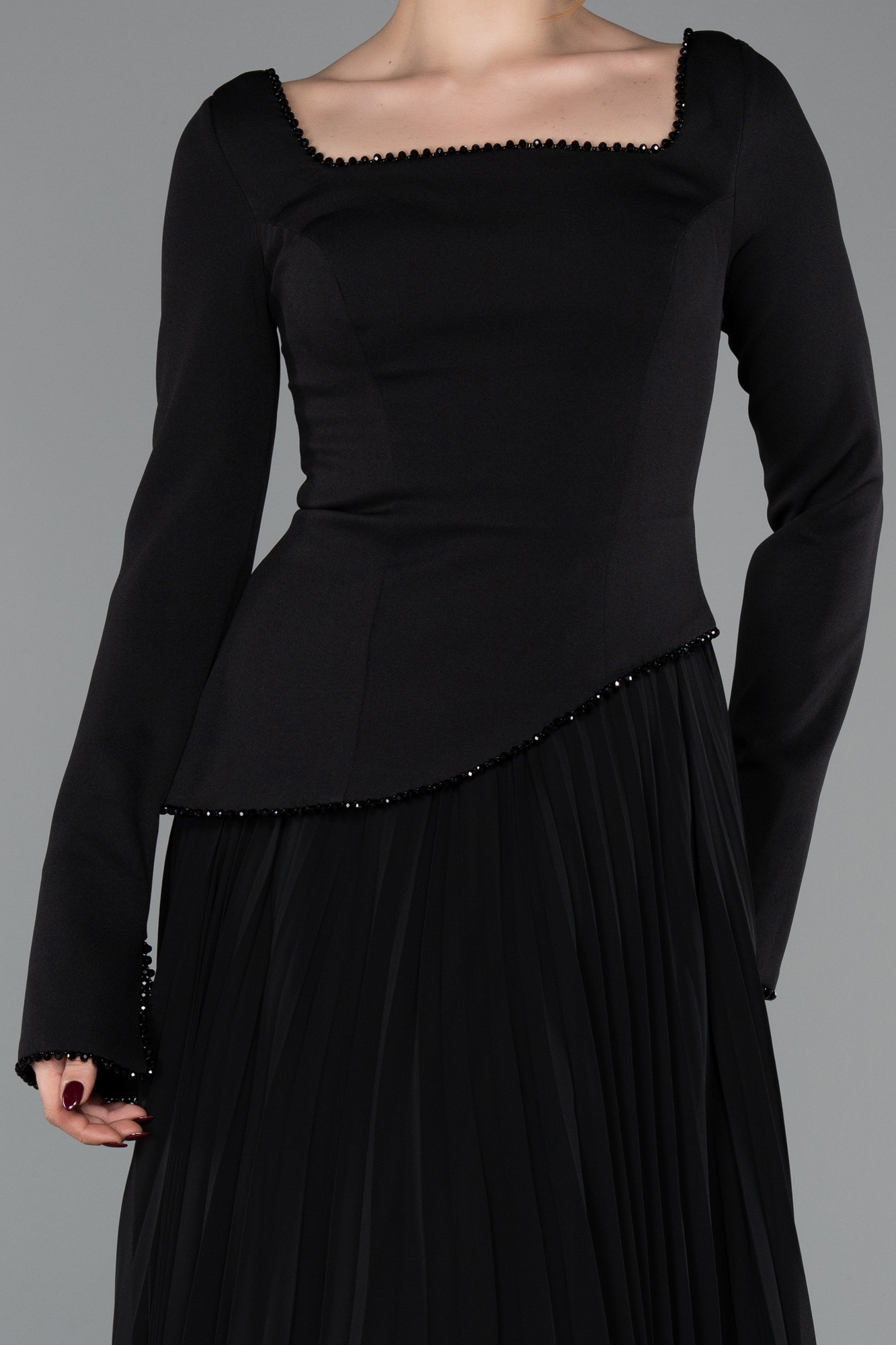 Uzun Kol Kare Yaka Peplum Şifon Abiye Elbise ABU6088 3