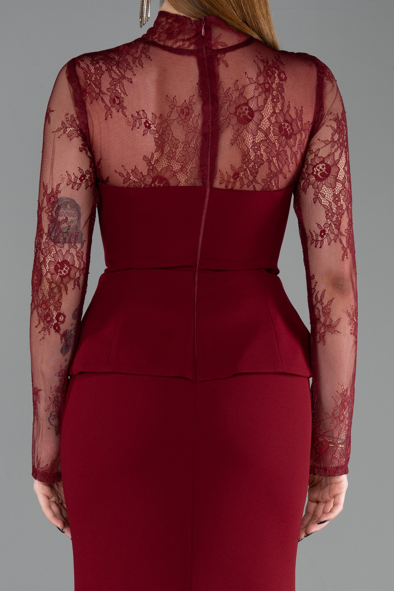 Dantelli Uzun Kol Peplum Balık Abiye Elbise ABU6194 4