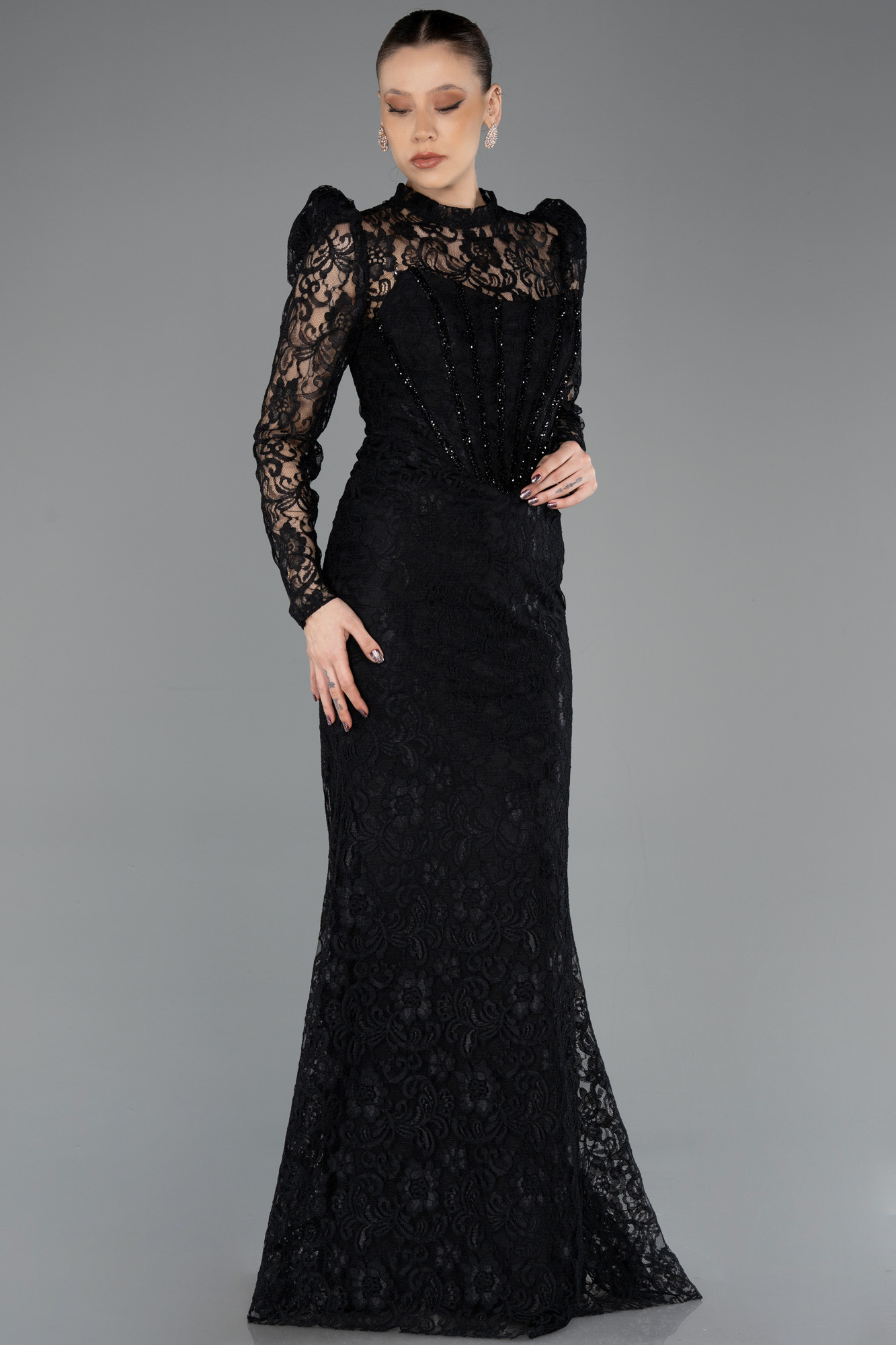 Straplez Uzun Kol Portatif Üst Detay Dantel Abiye ABU5734