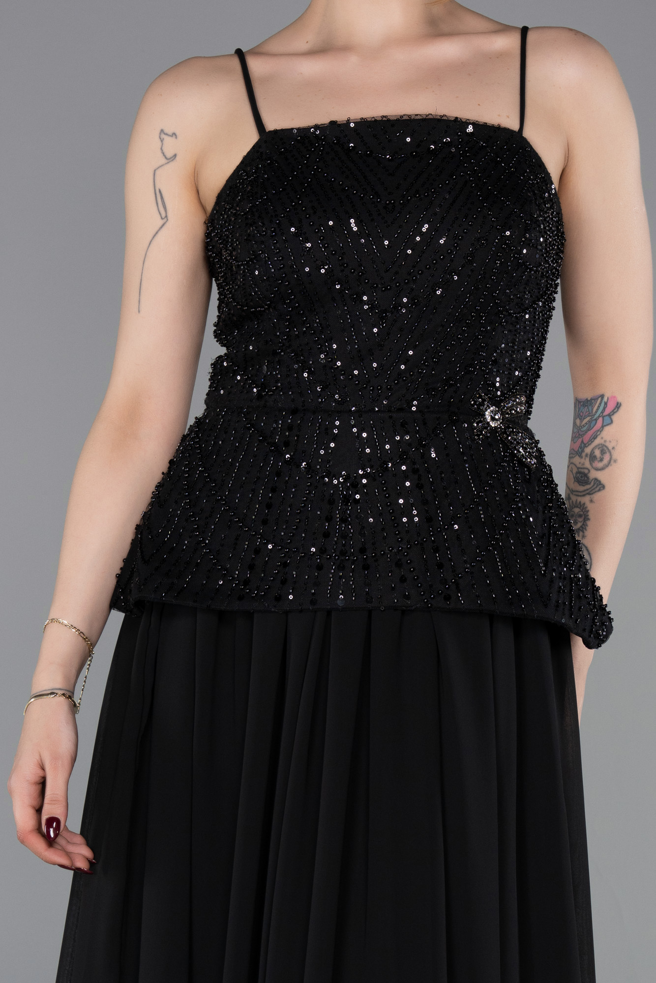 Üstü Boncuklu Peplum Uzun Şifon Abiye Elbise ABU6076 3