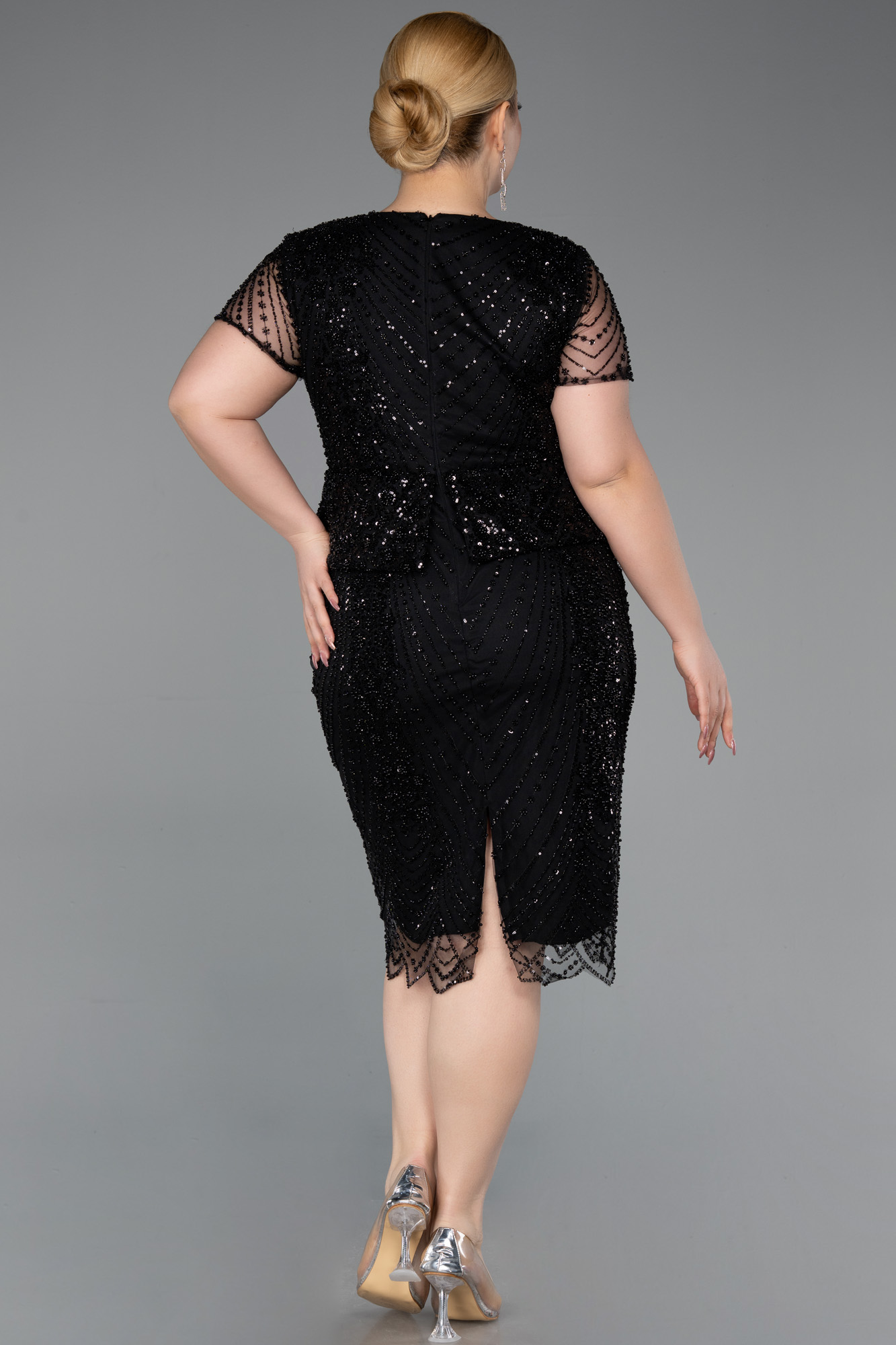 Kısa Kol Boncuklu Peplum Büyük Beden Abiye Elbise ABK2584 3