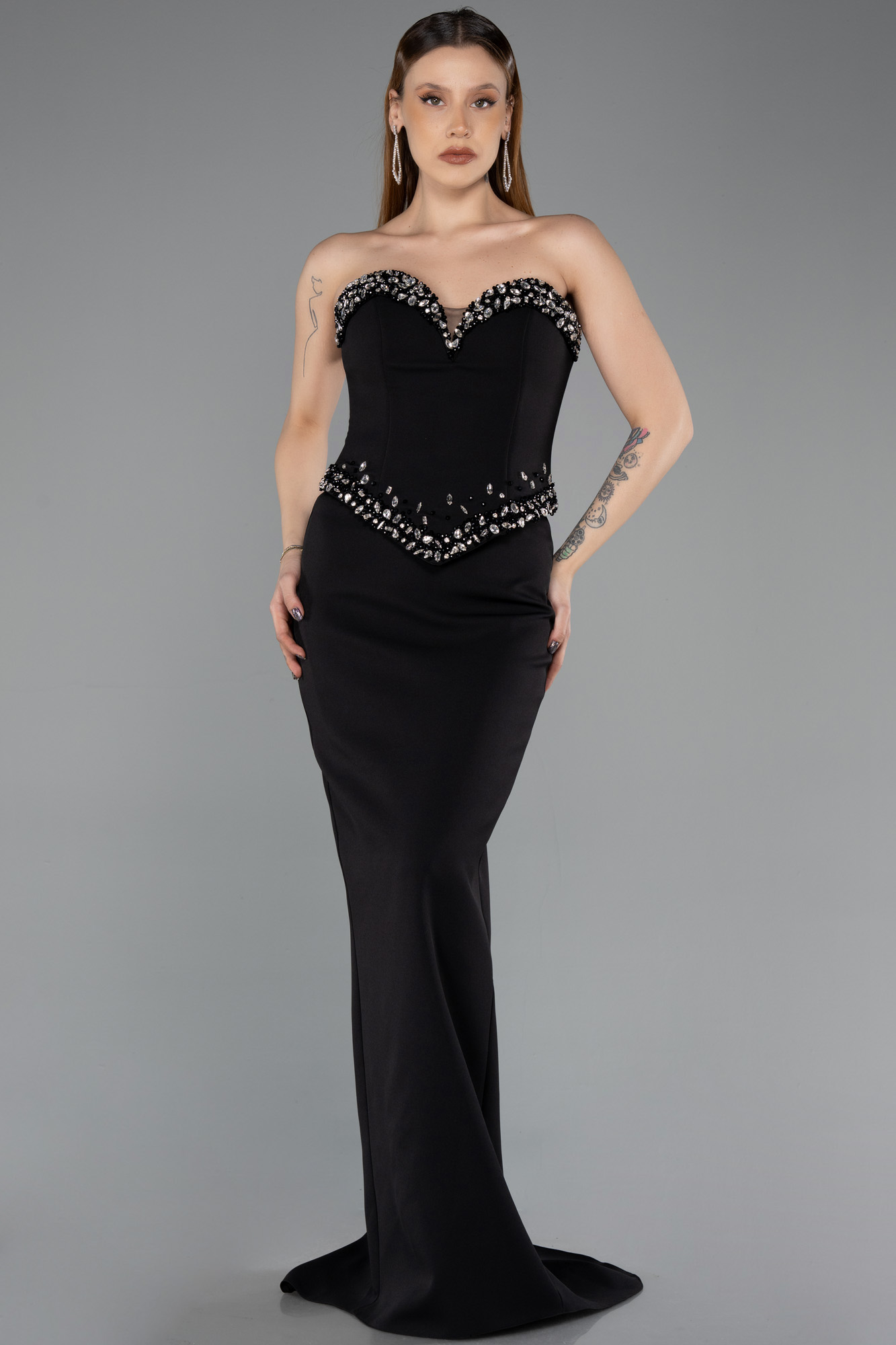 Taşlı Straplez Yaka Peplum Uzun Abiye Elbise ABU5610