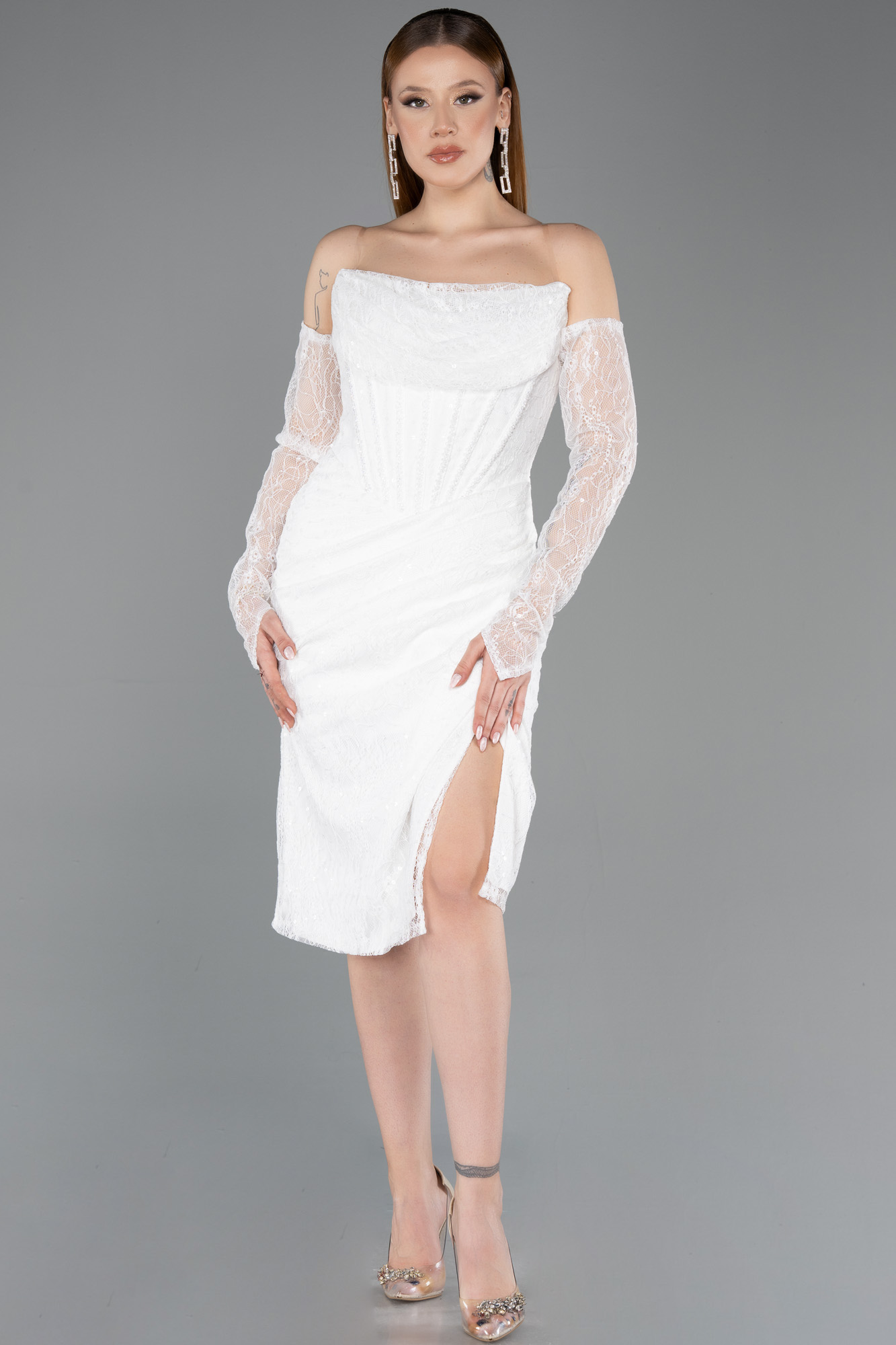 Drapeli Straplez Yaka Midi Dantel Davet Elbisesi ABK2558 3