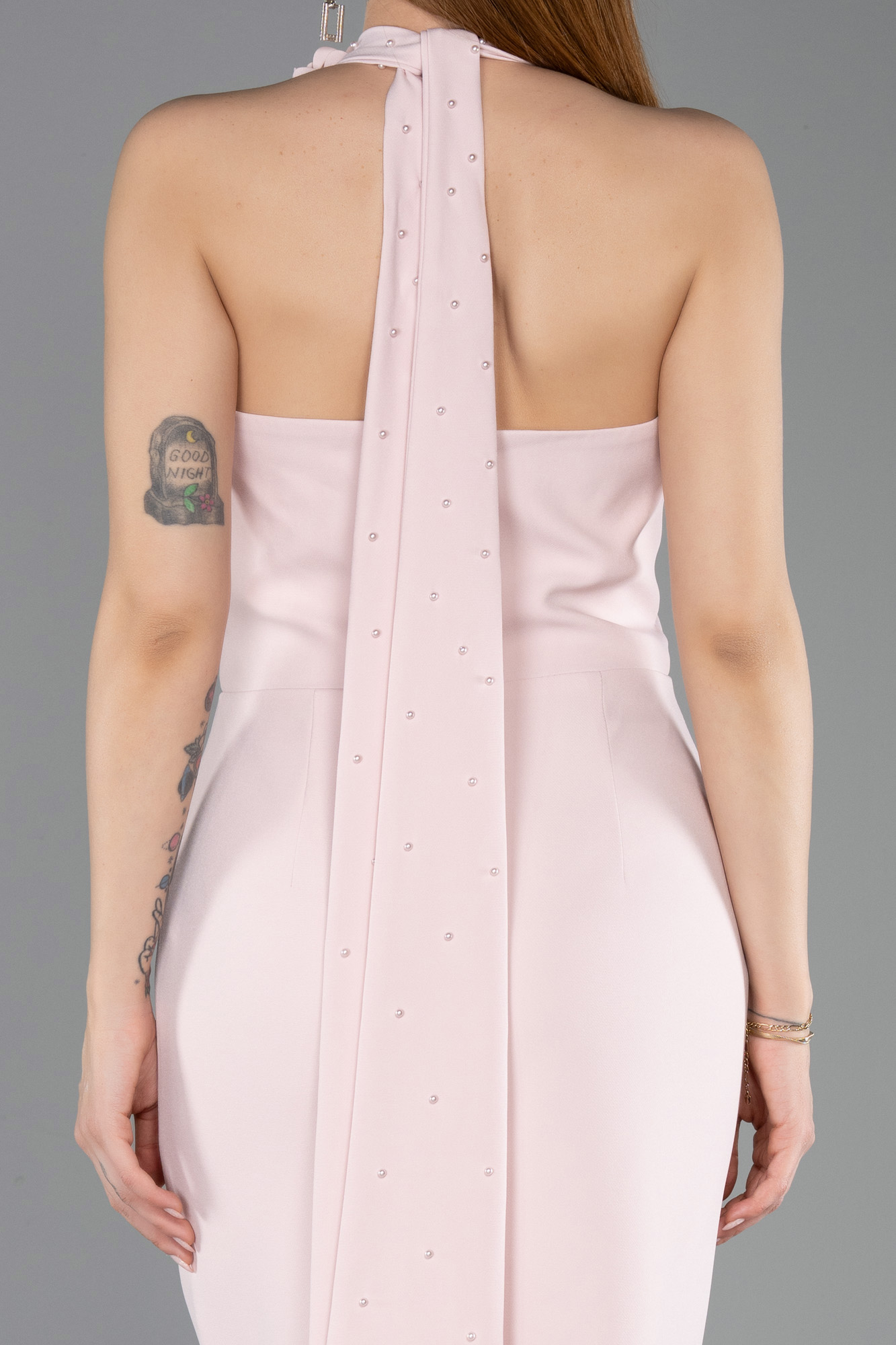 Çiçekli Halter Yaka İnci Detay Midi Davet Elbisesi ABK2551 4