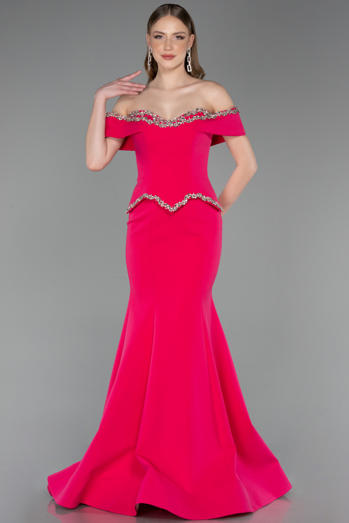 Taşlı Kayık Yaka Peplum Uzun Balık Abiye Elbise ABU5755 2