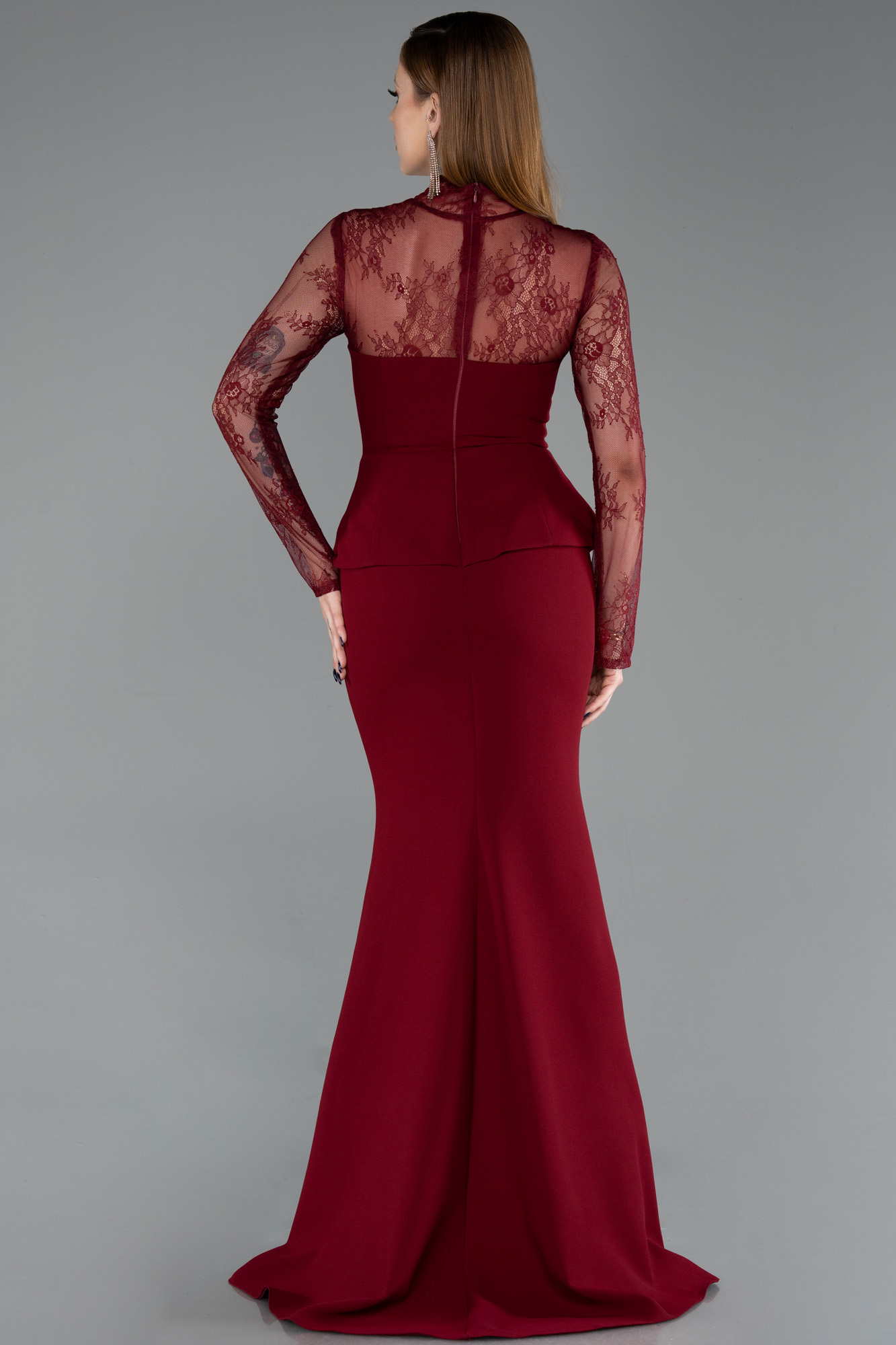 Dantelli Uzun Kol Peplum Balık Abiye Elbise ABU6194 2