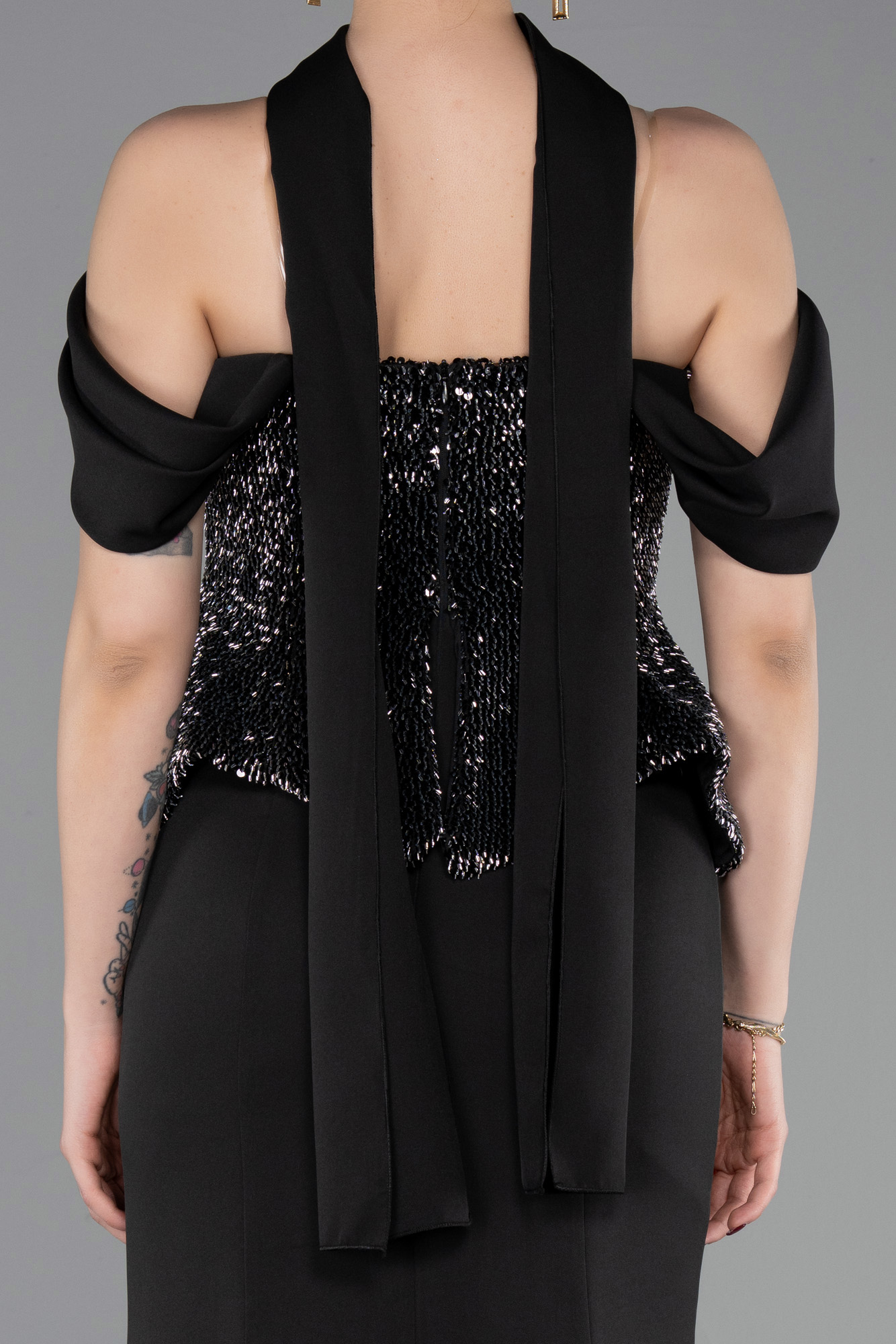 Üstü Pullu Kayık Yaka Peplum Uzun Abiye ABU6094 4