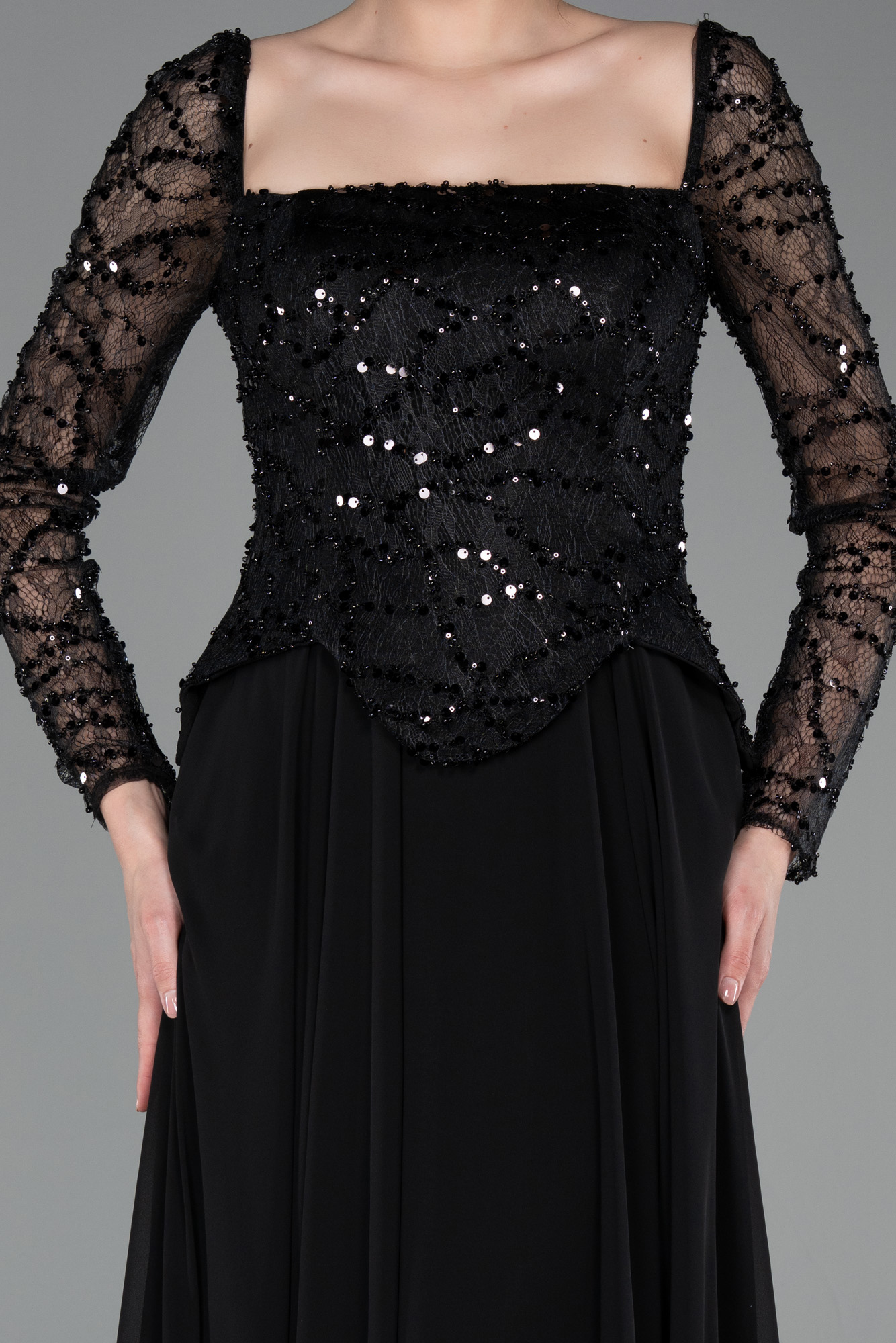 Pullu Kare Yaka Uzun Kol Peplum Şifon Abiye ABU6157 3