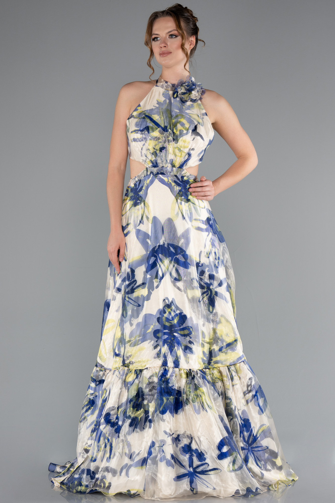 Halter Yaka Cut Out Uzun Empirme Saten Abiye ABU4686 2