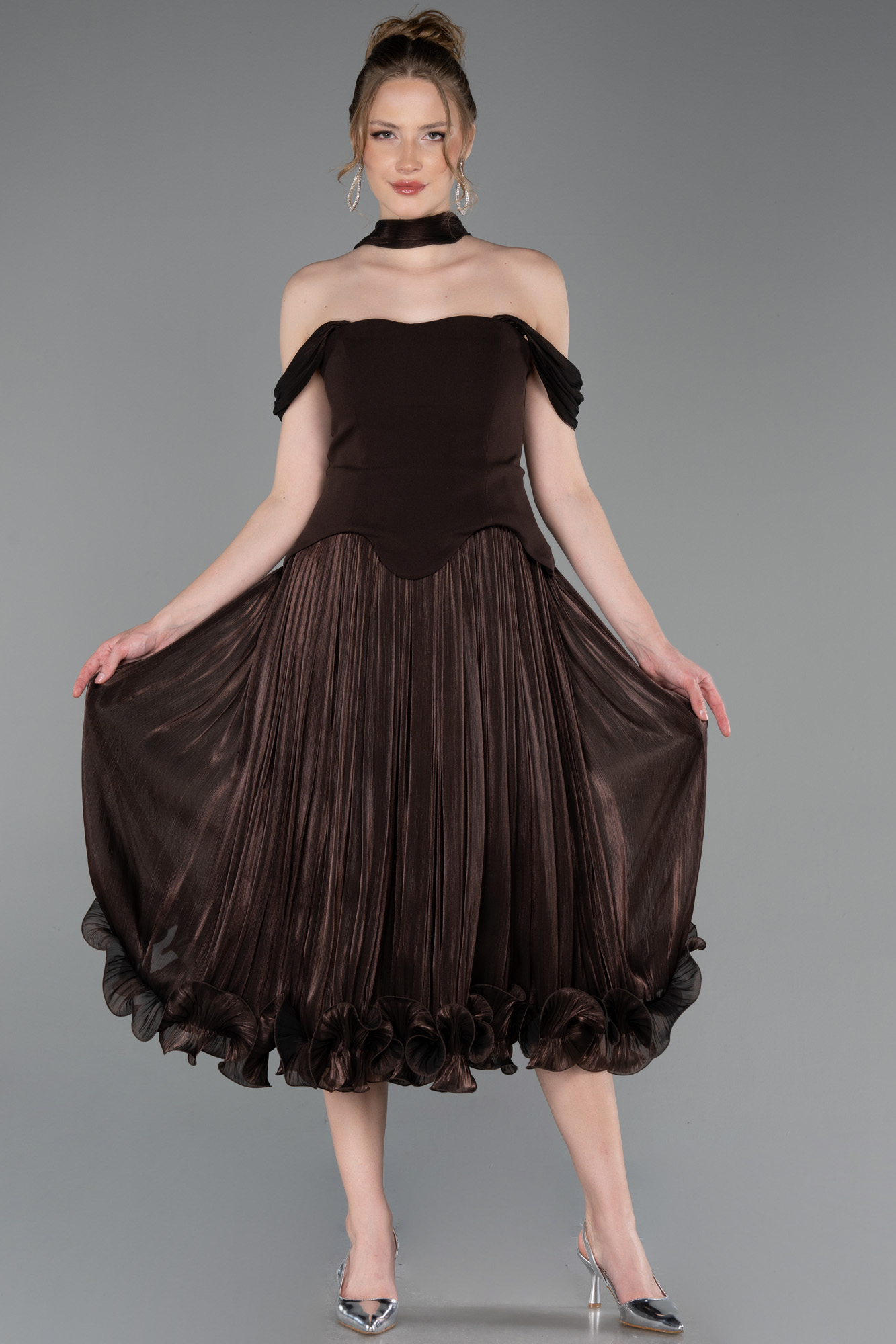 Omuz Dekolteli Peplum Midi Şifon Davet Elbisesi ABK2619 2