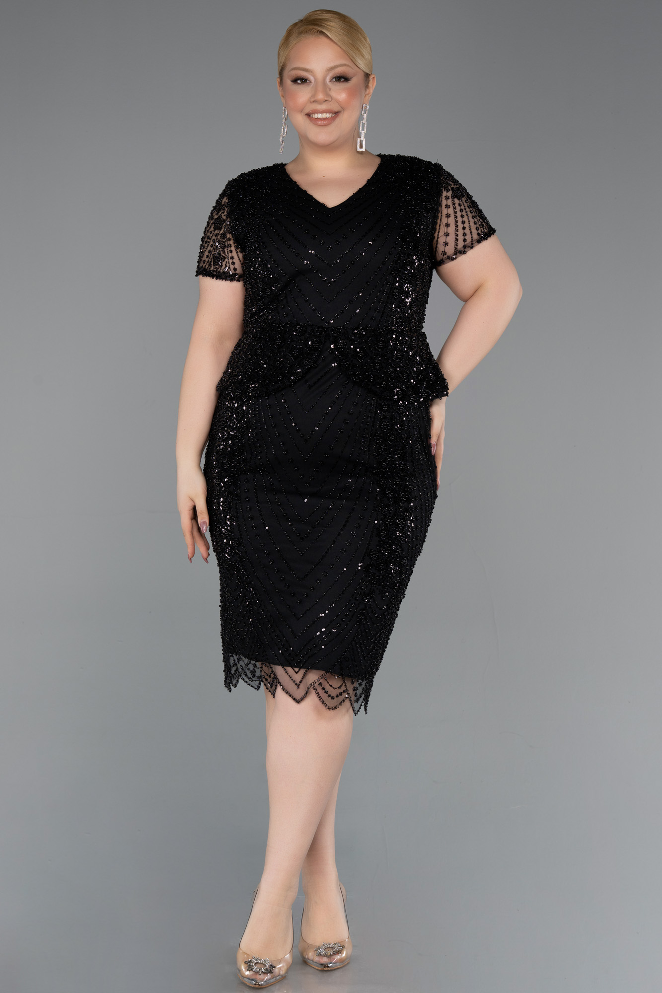 Kısa Kol Boncuklu Peplum Büyük Beden Abiye Elbise ABK2584 2