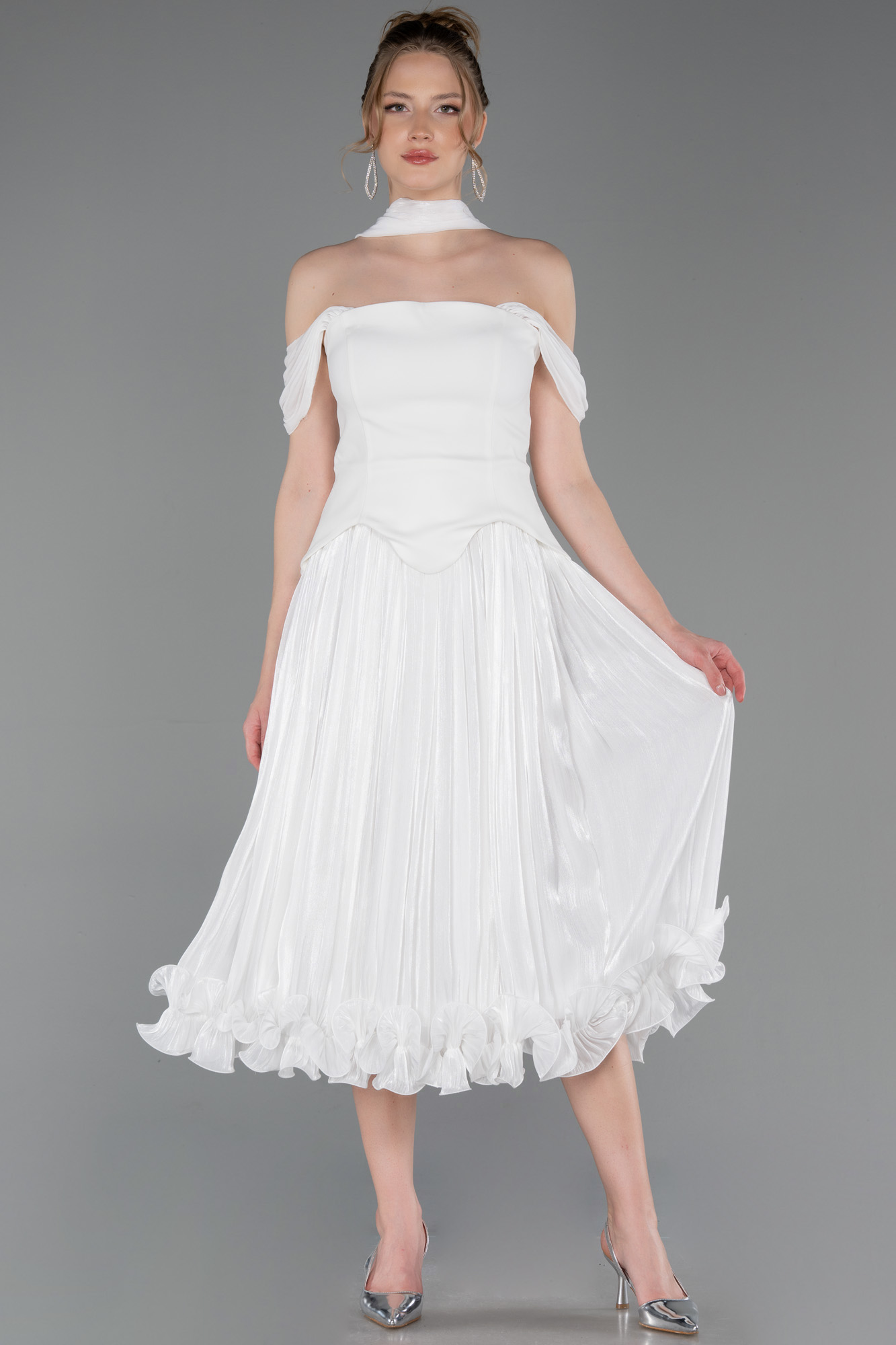 Omuz Dekolteli Peplum Midi Şifon Davet Elbisesi ABK2619
