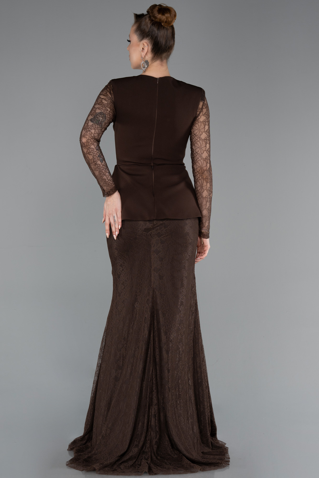 Dantelli Uzun Kol Peplum Kesim Abiye Elbise ABU6014 2