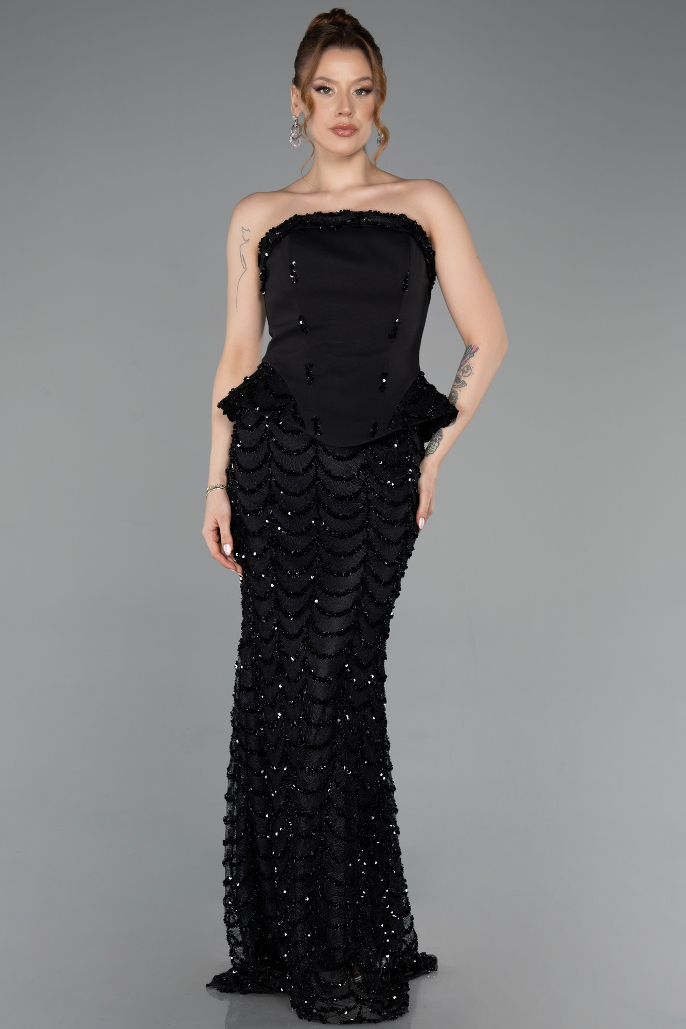 Straplez Peplum Uzun Pullu Abiye Elbise ABU5919