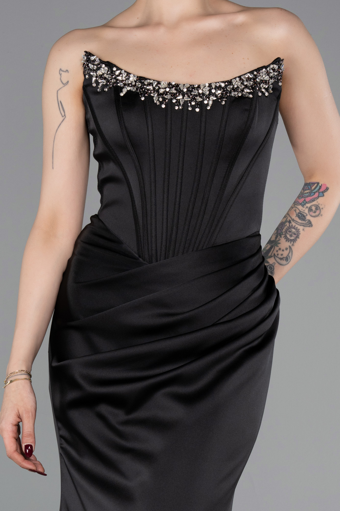 Straplez Balen Korse Detay Uzun Saten Abiye ABU6109 3