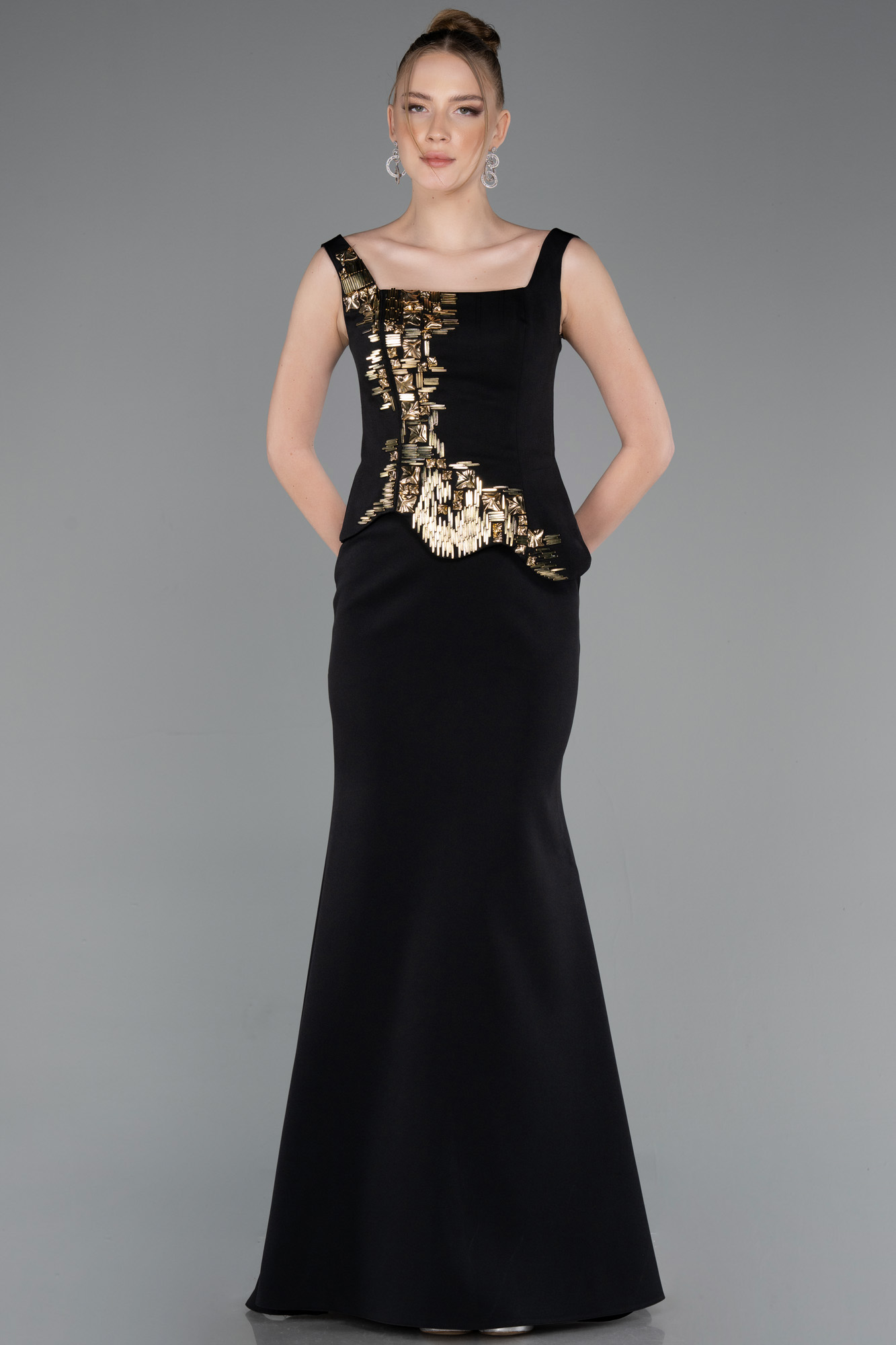 Kolsuz Kare Yaka Peplum Uzun Balık Abiye ABU5768