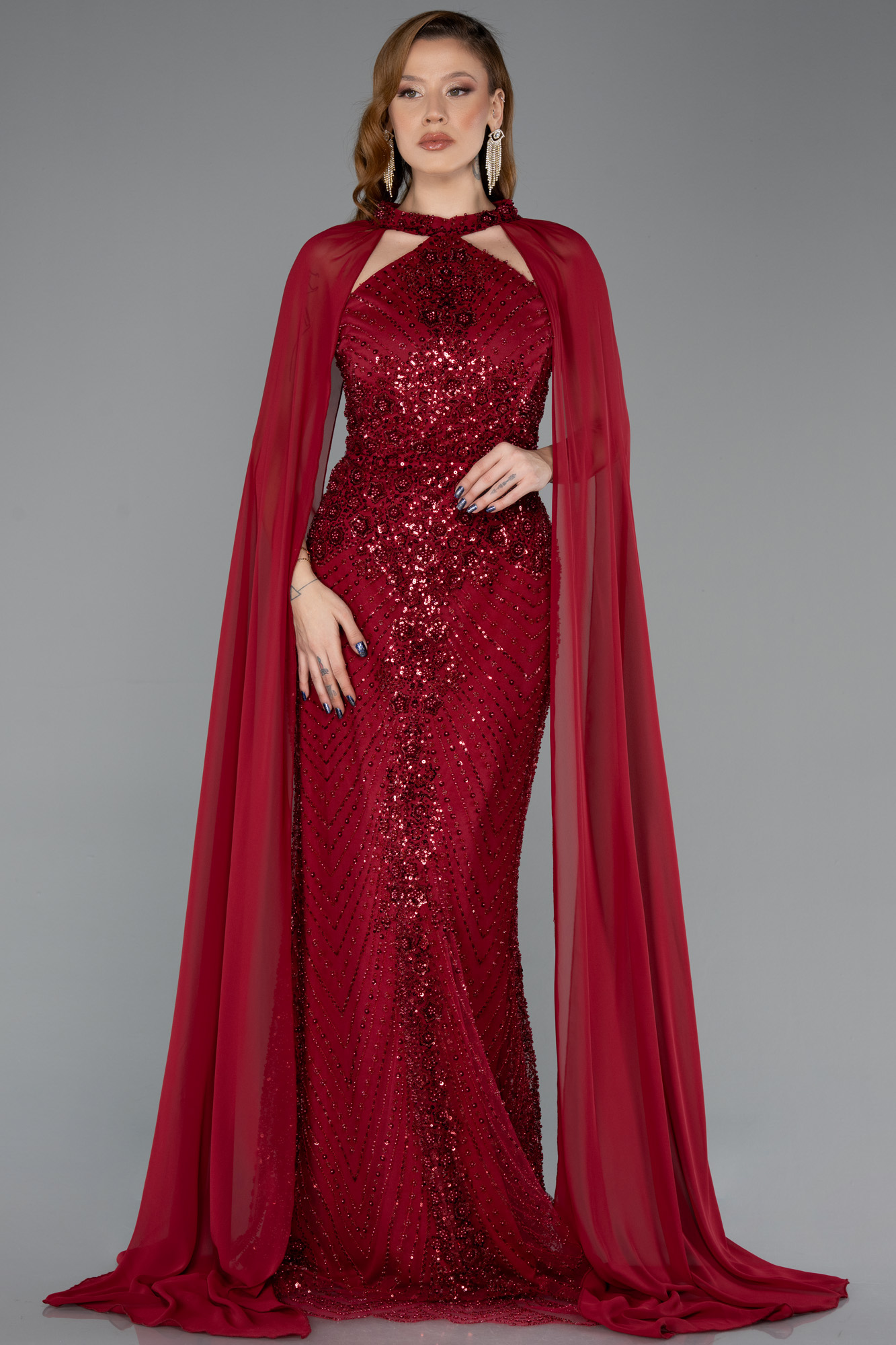 Halter Yaka Şallı Uzun Boncuklu Abiye Elbise ABU5595 2