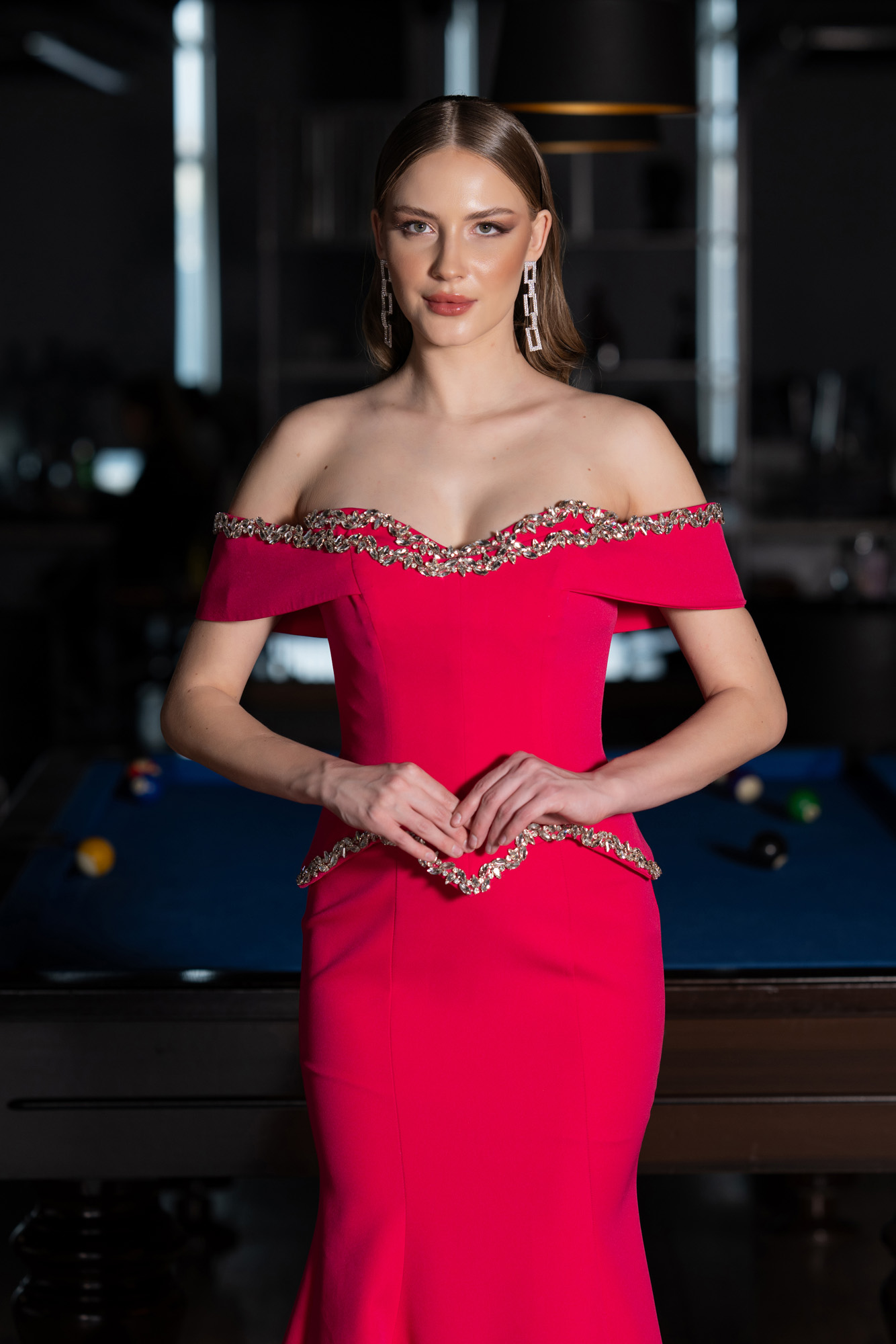 Taşlı Kayık Yaka Peplum Uzun Balık Abiye Elbise ABU5755