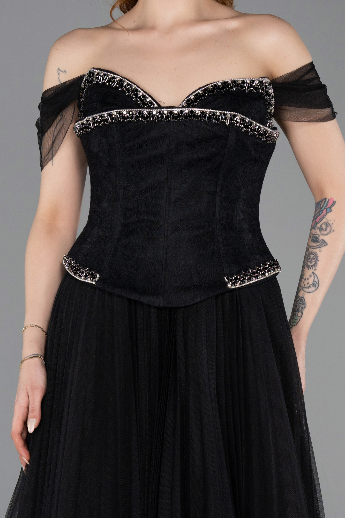 Taş İşlemeli Straplez Peplum Uzun Dantel Abiye ABU5996 3