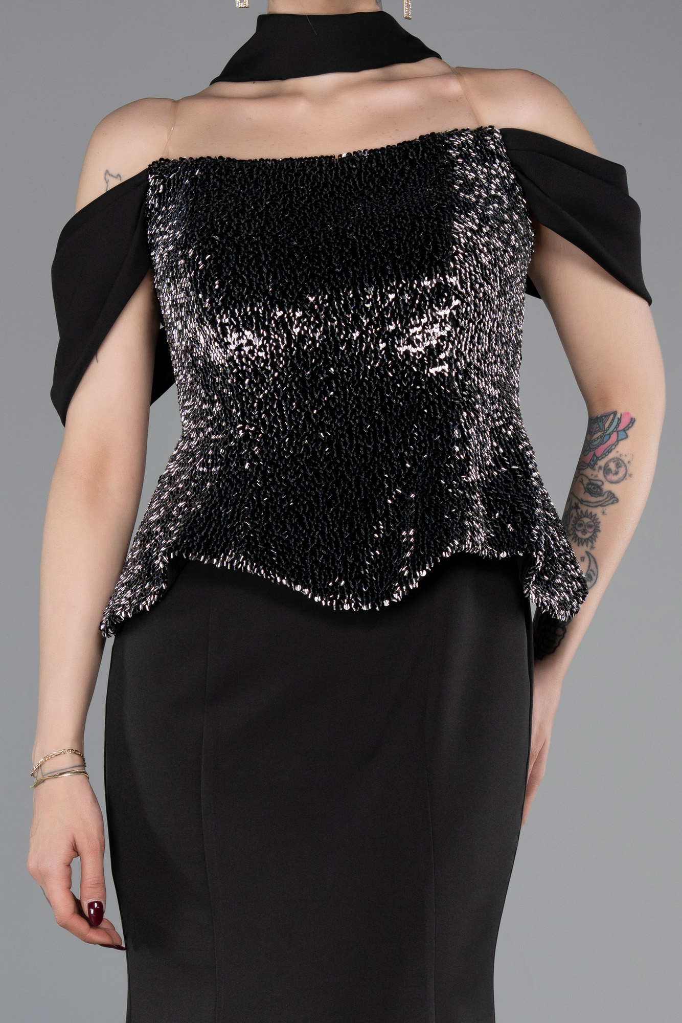 Üstü Pullu Kayık Yaka Peplum Uzun Abiye ABU6094 3